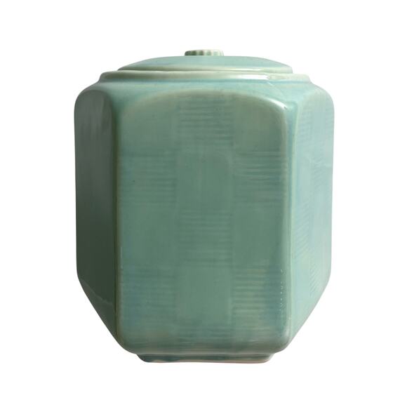 Shawnee USA Late 30s Hexagon Basket Weave Pottery Cookie Jar Aqua Mint Turquoise - Picture 1 of 8